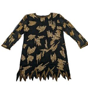 Vtg Sho Max Dress 100% Silk 2X Art Deco Gold Sequin • 80s Gatsby Glam Luxe Lux